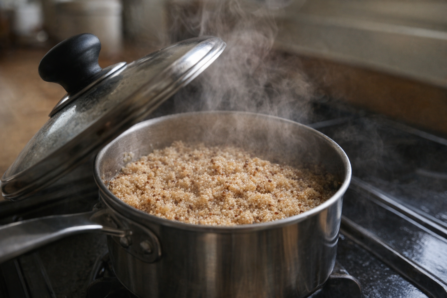 Quinoa simmering on the stove in a saucepan, steam rising, lid slightly ajar
